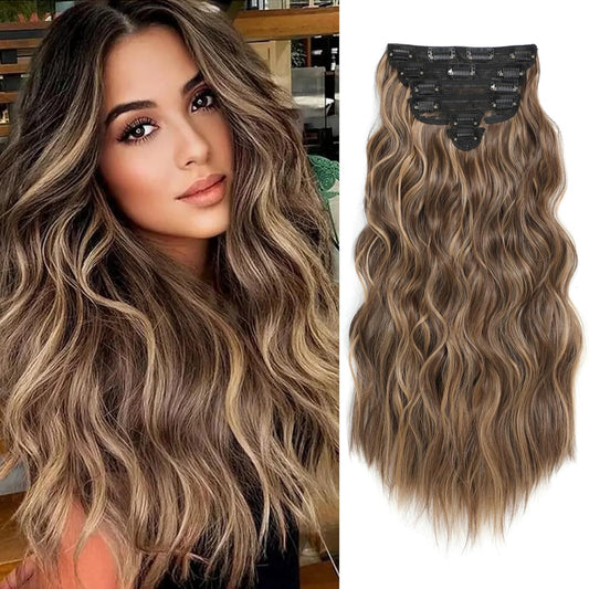 BLONDE UNICORN Clip in Hair Extensions for Women, 6PCS Long Wavy Curly Clip on Hair Extensions 20 Inch Honey Blonde Mixed Light Brown Synthetic Thick Hairpieces