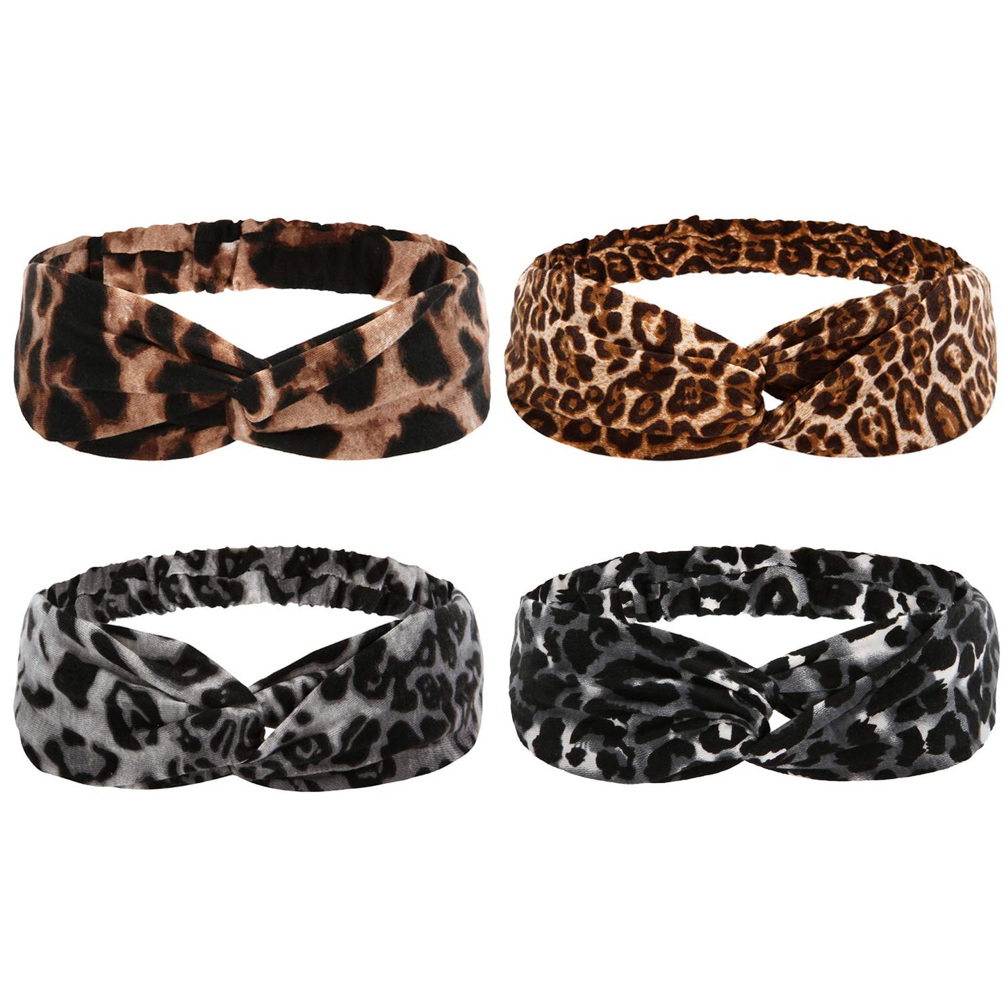 BLONDE UNICORN 4pcs Leopard Print Twisted Criss Cross Elastic Headbands Soft Cotton Hair Bands for Women Girls