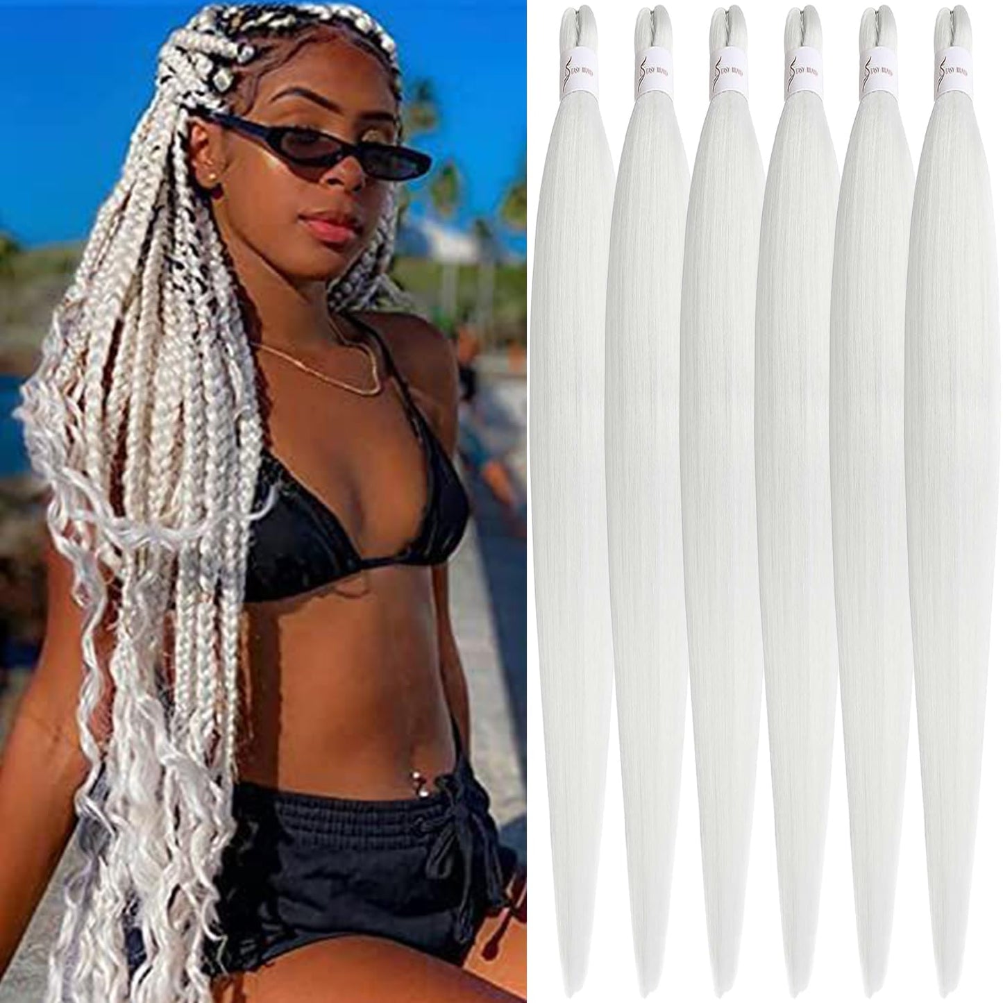 BLONDE UNICORN 30 Inch Long Pre Stretched Braiding Hair White Easy Braids Extensions White Kanekalon Synthetic Hair for Braiding White 6 Packs Pre-Stretched Braiding Hair Yaki Braids Hair Extensions (White