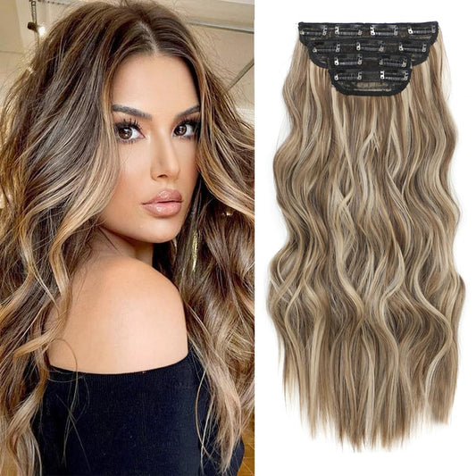 TOUCH WOOD Clip In Hair Extensions 4PCS Light Brown Highlighted Dirty Blonde Hair Extensions Clip ins Smooth and Tangle Free Lightweight Lace Net Synthetic Hairpieces