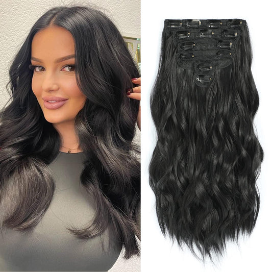 TOUCH WOOD Clip in Black Hair Extensions for Women, Thick Double Weft Wavy Soft Hair & Blends Well Long Hairpieces(20inch, 6pcs, Natural Black)