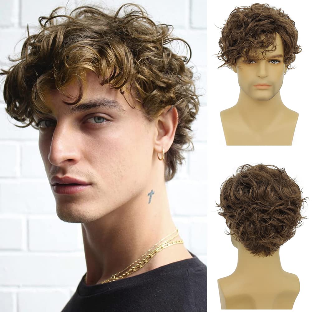 BLONDE UNICORN Short Brown Wigs for Men Curly Layered Natural Looking Side Part Hair Heat Resistant Synthetic Wigs with Wig Cap (Brown)