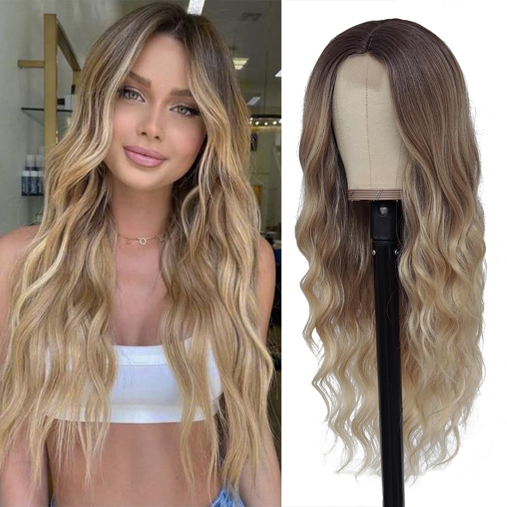 TOUCH WOOD Long Ombre Blonde Wigs for Women 26 inch Long Wavy Middle Part Wig Ombre Blonde Wigs Upgraded Protein Fiber Hair Replacement Wig Cosplay Costume Halloween Wig(26'' Brown Ombre Blonde)