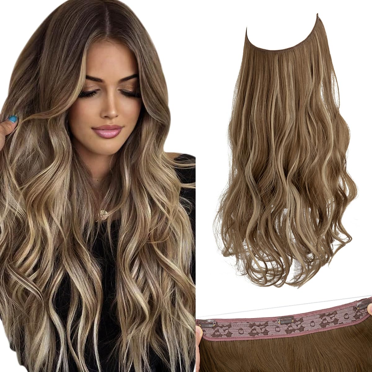 BLONDE UNICORN Invisible Wire Hair Extensions with 3 Clips Long Synthetic Wavy Curly Hairpiece Adjustable Transparent Headband for Women 18 Inch Ash Medium Brown/Ash Blonde Highlights