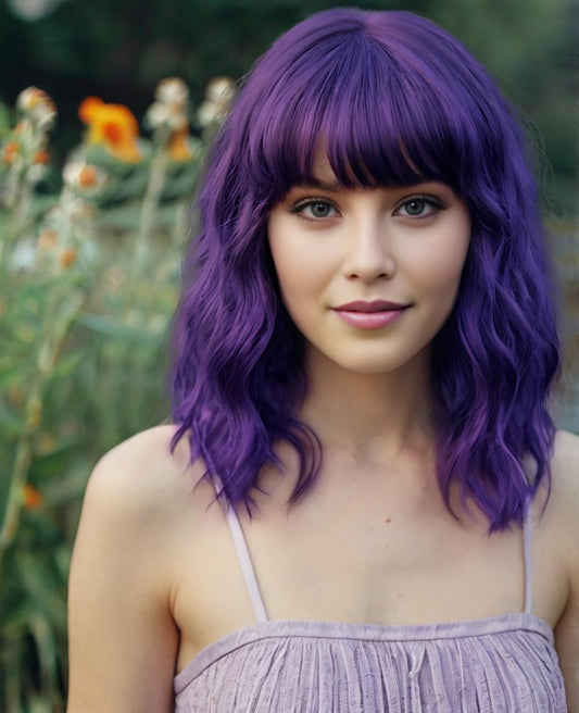 TOUCH WOOD Purple Wig Short Bob Wavy Wig with Bangs for Women Natural Look Loose Curly Shoulder Length Wig Synthetic Cosplay Wig for Girl Daily Use Colorful Cosplay Wigs 14 Inch