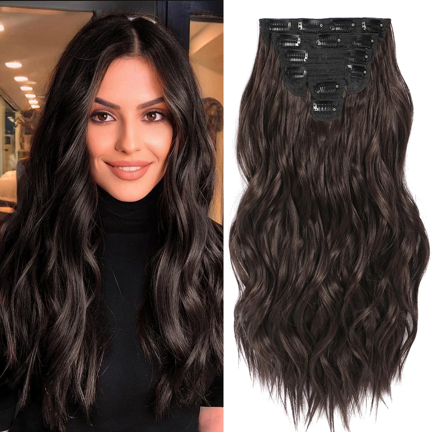 BLONDE UNICORN Clip in Hair Extensions, 6 PCS Natural & Soft Hair & Blends Well Hair Extensions, Dark Brown Long Wavy Hairpieces(20inch, 6pcs, Dark Brown)