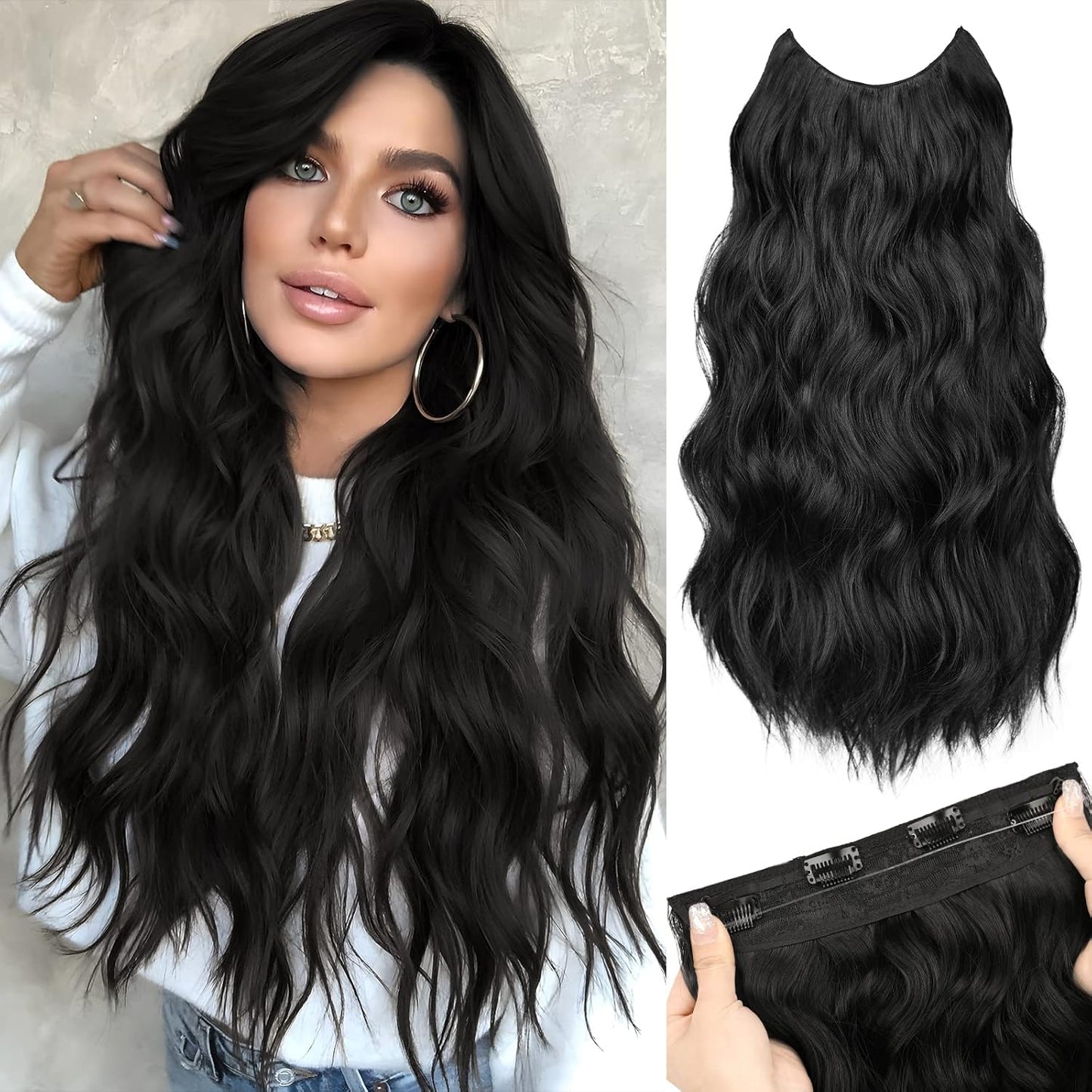 TOUCH WOOD Invisible Wire Hair Extensions - 20 Inch Natural Black Long Wavy Synthetic Hairpiece with Transparent Wire Adjustable Size, 4 Secure Clips for Women