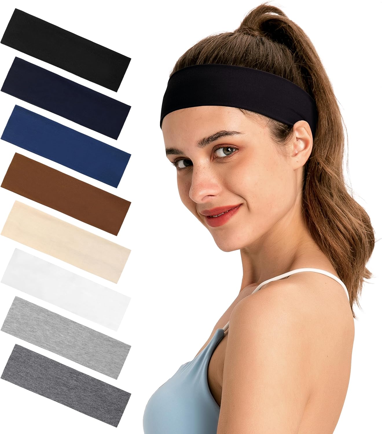 TOUCH WOOD Headbands for Women 8-Pack Vibrant Yoga & Sports Sweat Headbands - Cotton Stretchy Non-Slip Hair Bands