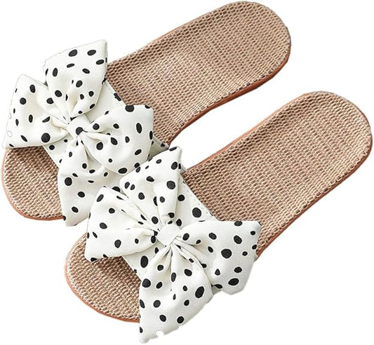 Summer Linen Non-Slip Open Toe Beach Sandals with Bow Knot Polka-Dots Breathable and Comfy Slippers for Home and Outdoor Use