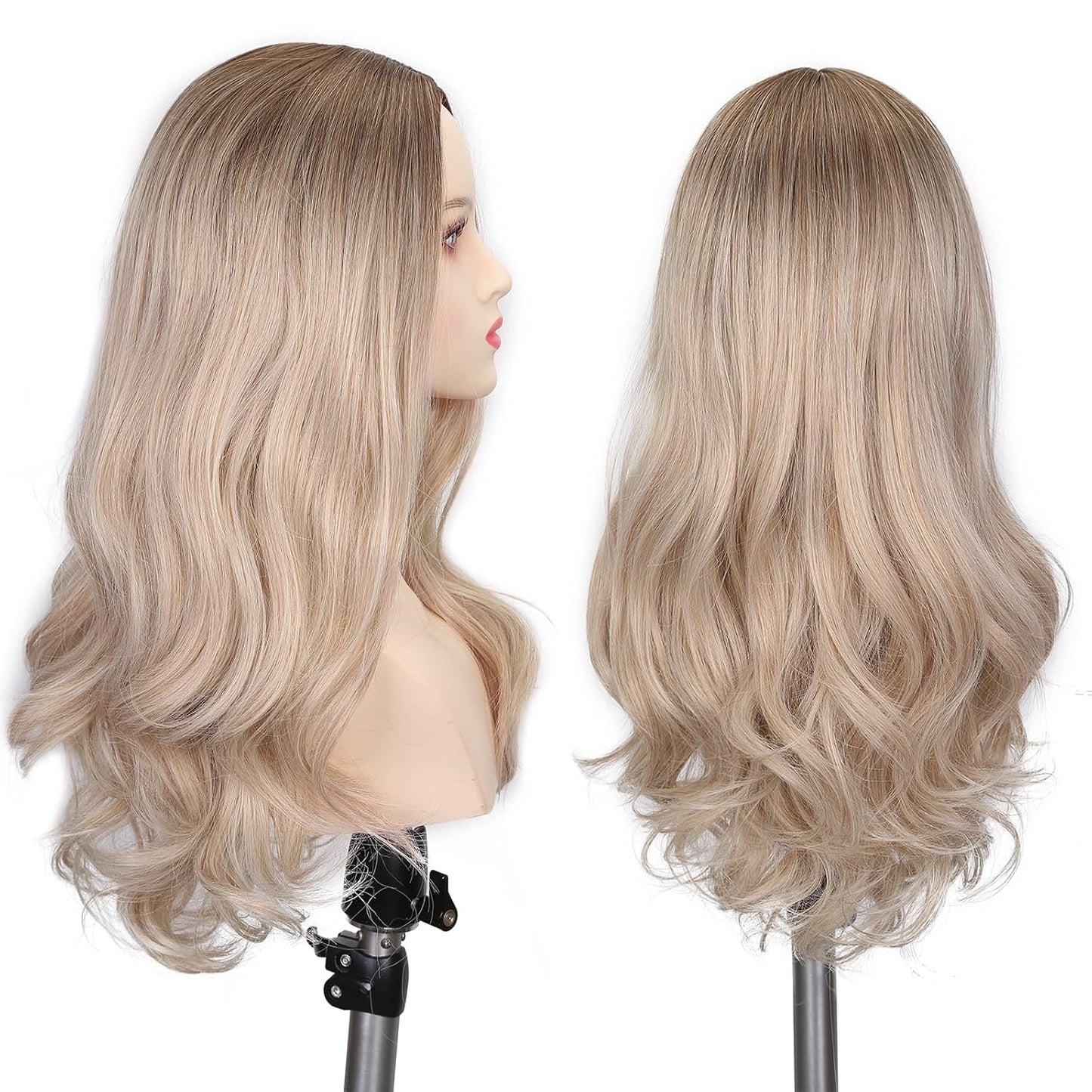 TOUCH WOOD Blonde Wigs for White Women Brown to Ash Blonde Natural Looking High Density Heat Resistant Synthetic Hair Weave Full Wigs for Women Middle Part Long Ombre Blonde Wavy Wig (T/Ash Blonde)