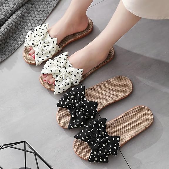 Summer Linen Non-Slip Open Toe Beach Sandals with Bow Knot Polka-Dots Breathable and Comfy Slippers for Home and Outdoor Use