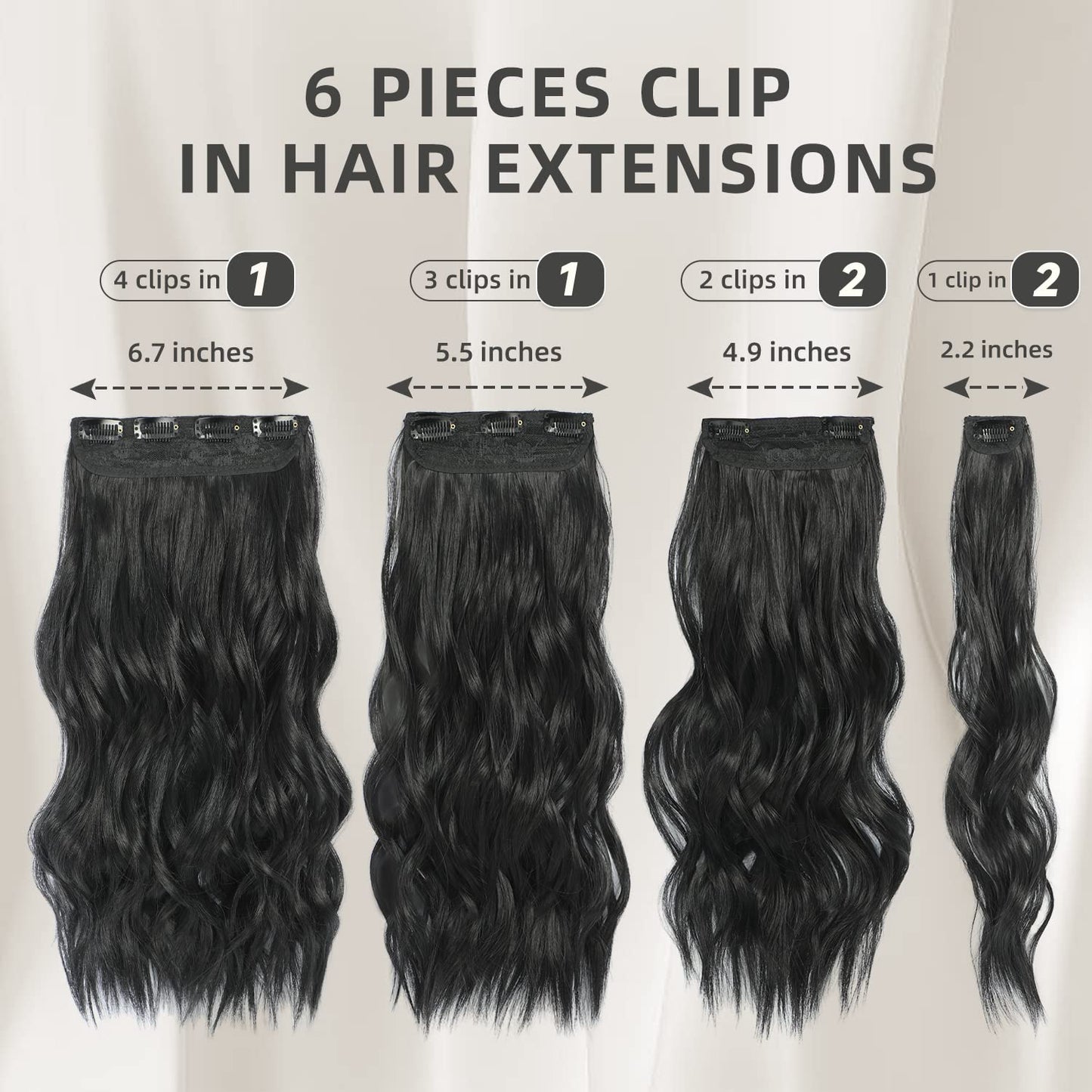 TOUCH WOOD Clip in Black Hair Extensions for Women, Thick Double Weft Wavy Soft Hair & Blends Well Long Hairpieces(20inch, 6pcs, Natural Black)