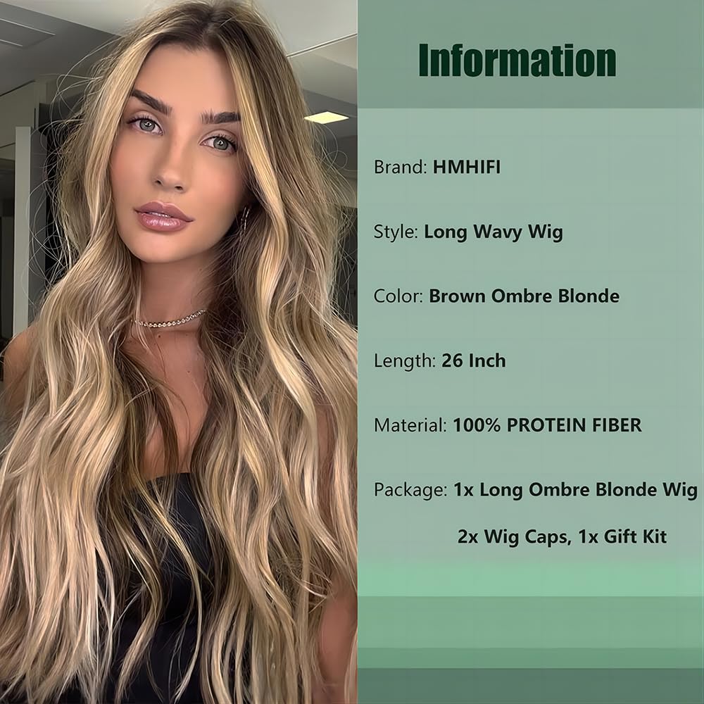 TOUCH WOOD Long Ombre Blonde Wigs for Women 26 inch Long Wavy Middle Part Wig Ombre Blonde Wigs Upgraded Protein Fiber Hair Replacement Wig Cosplay Costume Halloween Wig(26'' Brown Ombre Blonde)