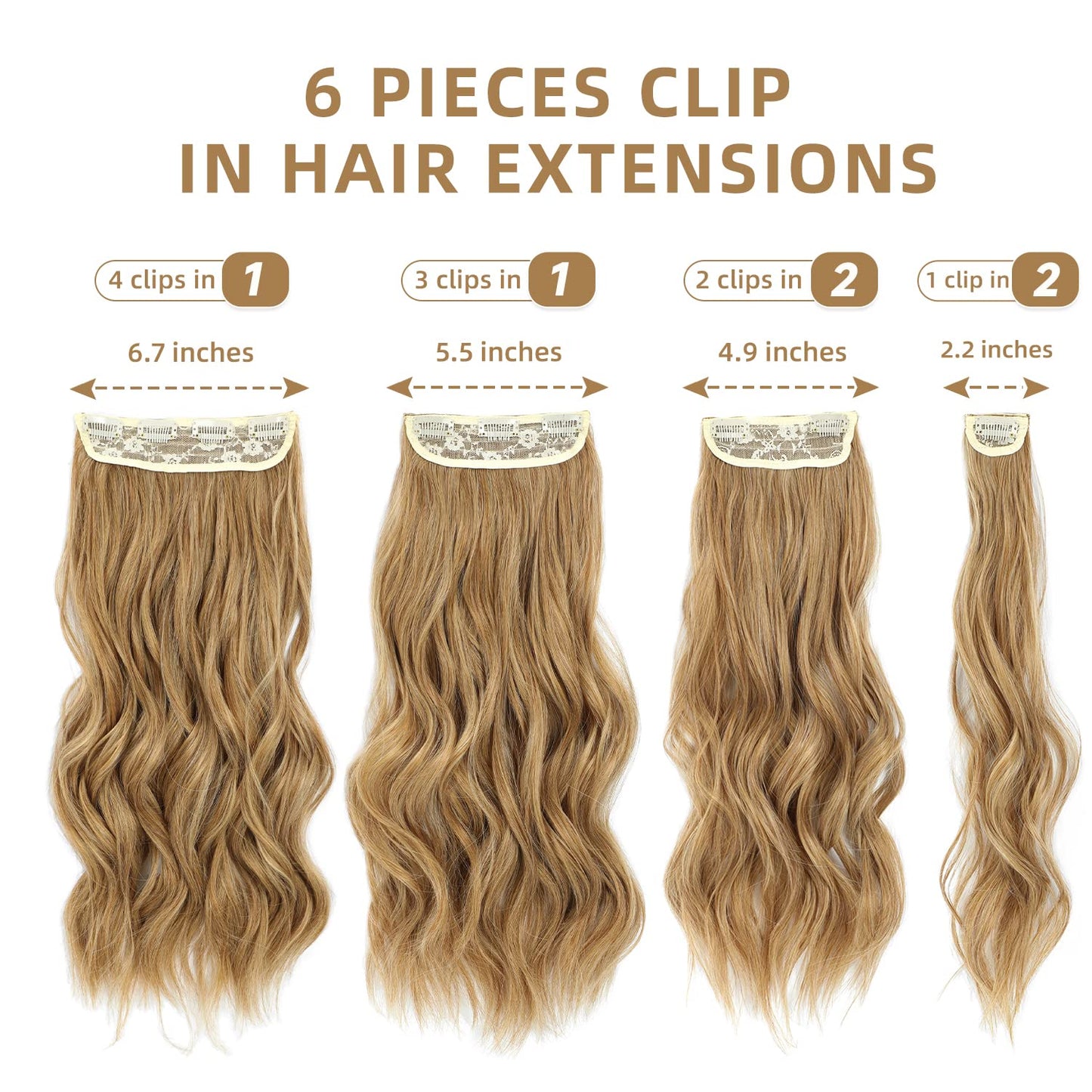 TOUCH WOOD Clip in Hair Extensions, 6 PCS Natural & Soft Hair & Blends Well Hair Extensions, Lonng Wavy Hairpieces(20inch, 6pcs,Biscuit Brown)