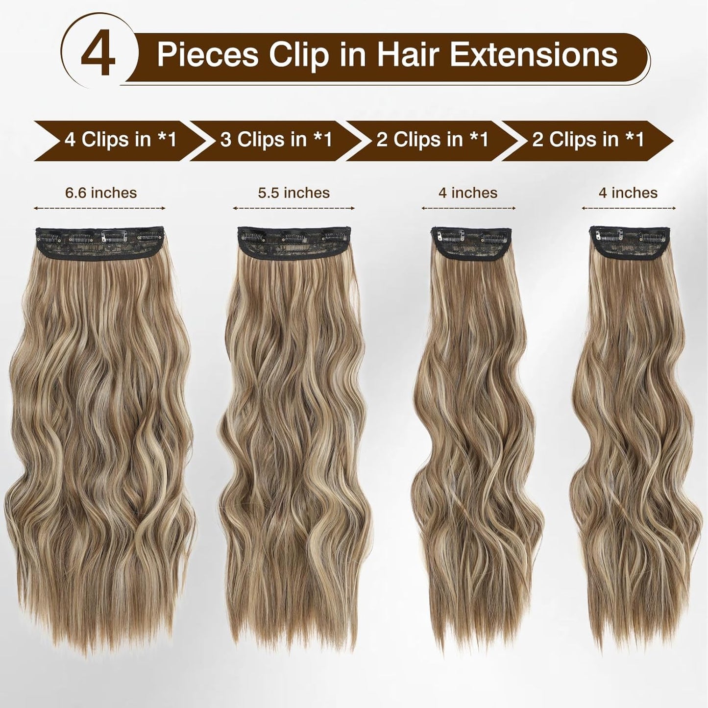 TOUCH WOOD Clip In Hair Extensions 4PCS Light Brown Highlighted Dirty Blonde Hair Extensions Clip ins Smooth and Tangle Free Lightweight Lace Net Synthetic Hairpieces