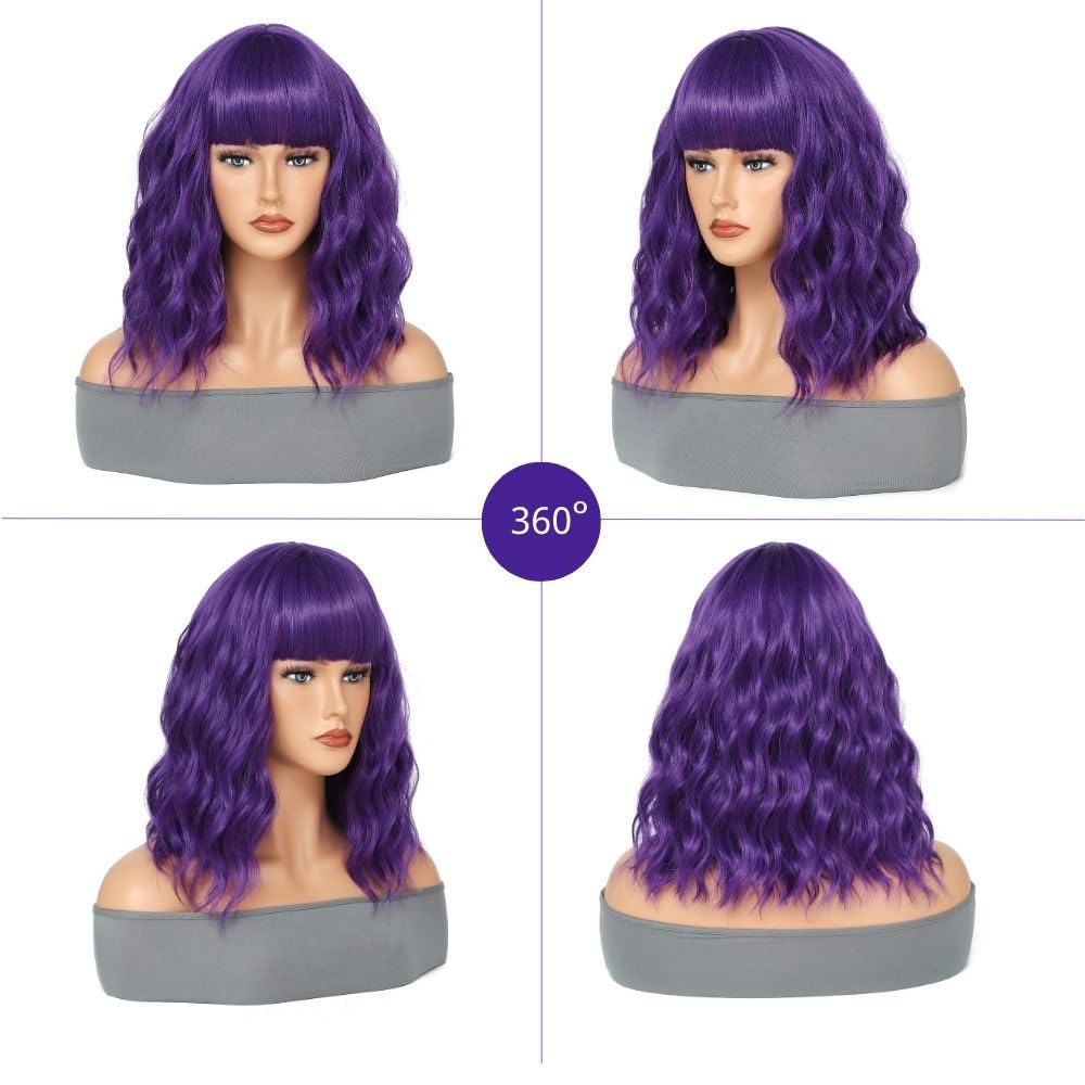 TOUCH WOOD Purple Wig Short Bob Wavy Wig with Bangs for Women Natural Look Loose Curly Shoulder Length Wig Synthetic Cosplay Wig for Girl Daily Use Colorful Cosplay Wigs 14 Inch