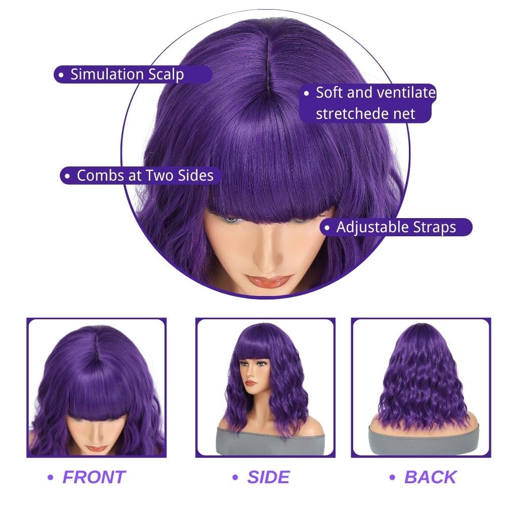 TOUCH WOOD Purple Wig Short Bob Wavy Wig with Bangs for Women Natural Look Loose Curly Shoulder Length Wig Synthetic Cosplay Wig for Girl Daily Use Colorful Cosplay Wigs 14 Inch