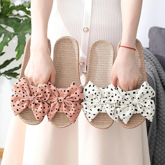 Summer Linen Non-Slip Open Toe Beach Sandals with Bow Knot Polka-Dots Breathable and Comfy Slippers for Home and Outdoor Use