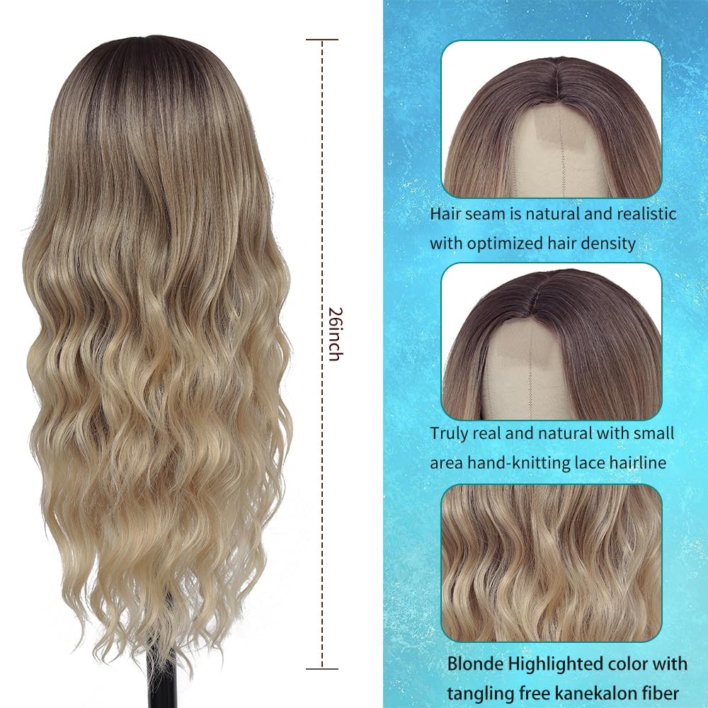 TOUCH WOOD Long Ombre Blonde Wigs for Women 26 inch Long Wavy Middle Part Wig Ombre Blonde Wigs Upgraded Protein Fiber Hair Replacement Wig Cosplay Costume Halloween Wig(26'' Brown Ombre Blonde)