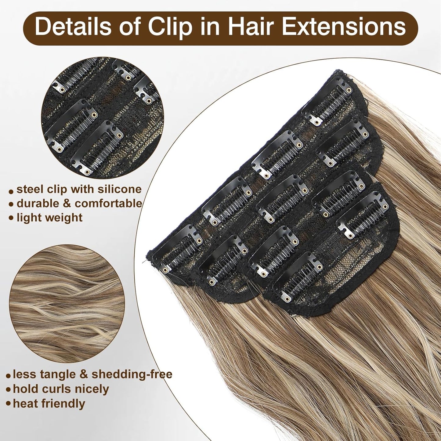 TOUCH WOOD Clip In Hair Extensions 4PCS Light Brown Highlighted Dirty Blonde Hair Extensions Clip ins Smooth and Tangle Free Lightweight Lace Net Synthetic Hairpieces