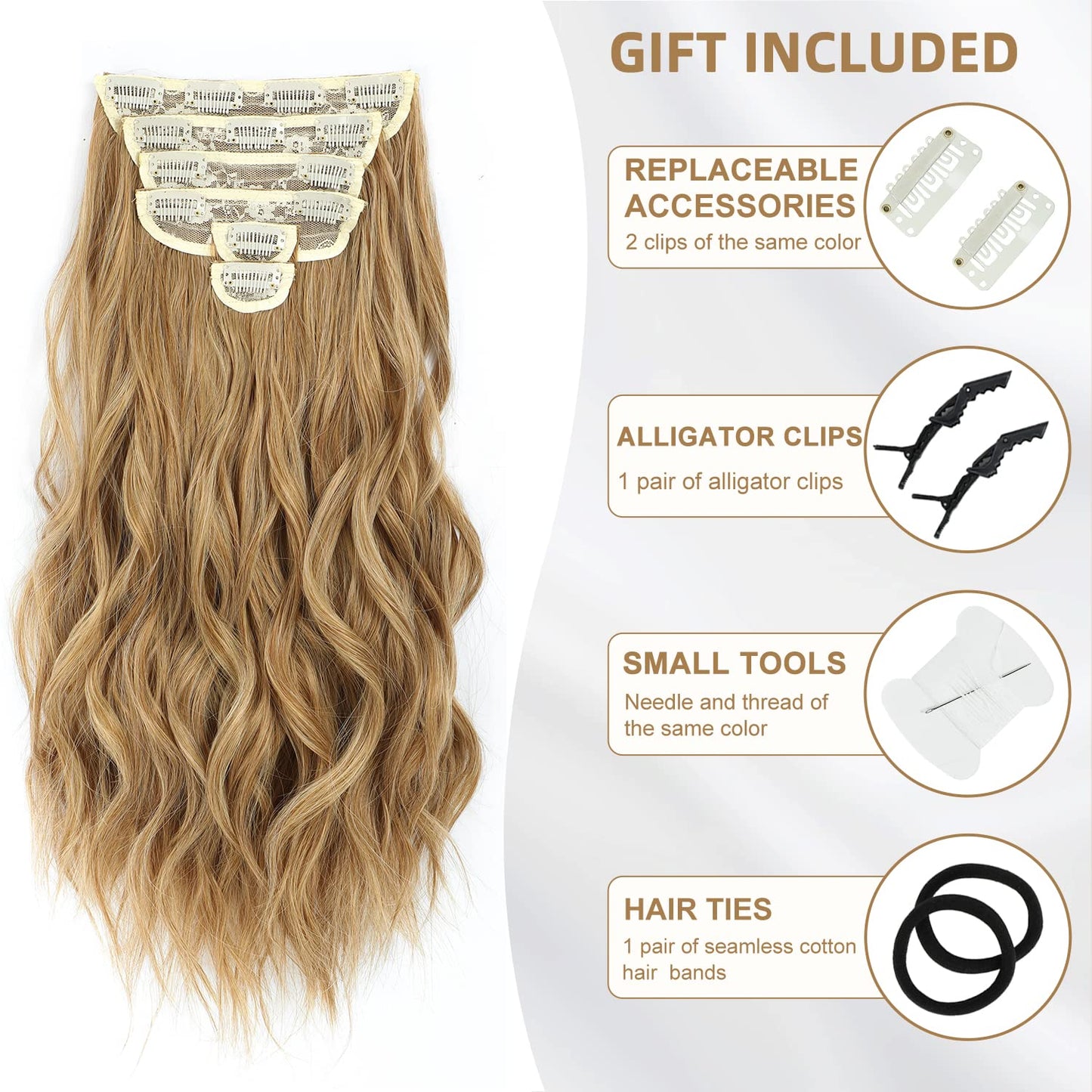 TOUCH WOOD Clip in Hair Extensions, 6 PCS Natural & Soft Hair & Blends Well Hair Extensions, Lonng Wavy Hairpieces(20inch, 6pcs,Biscuit Brown)