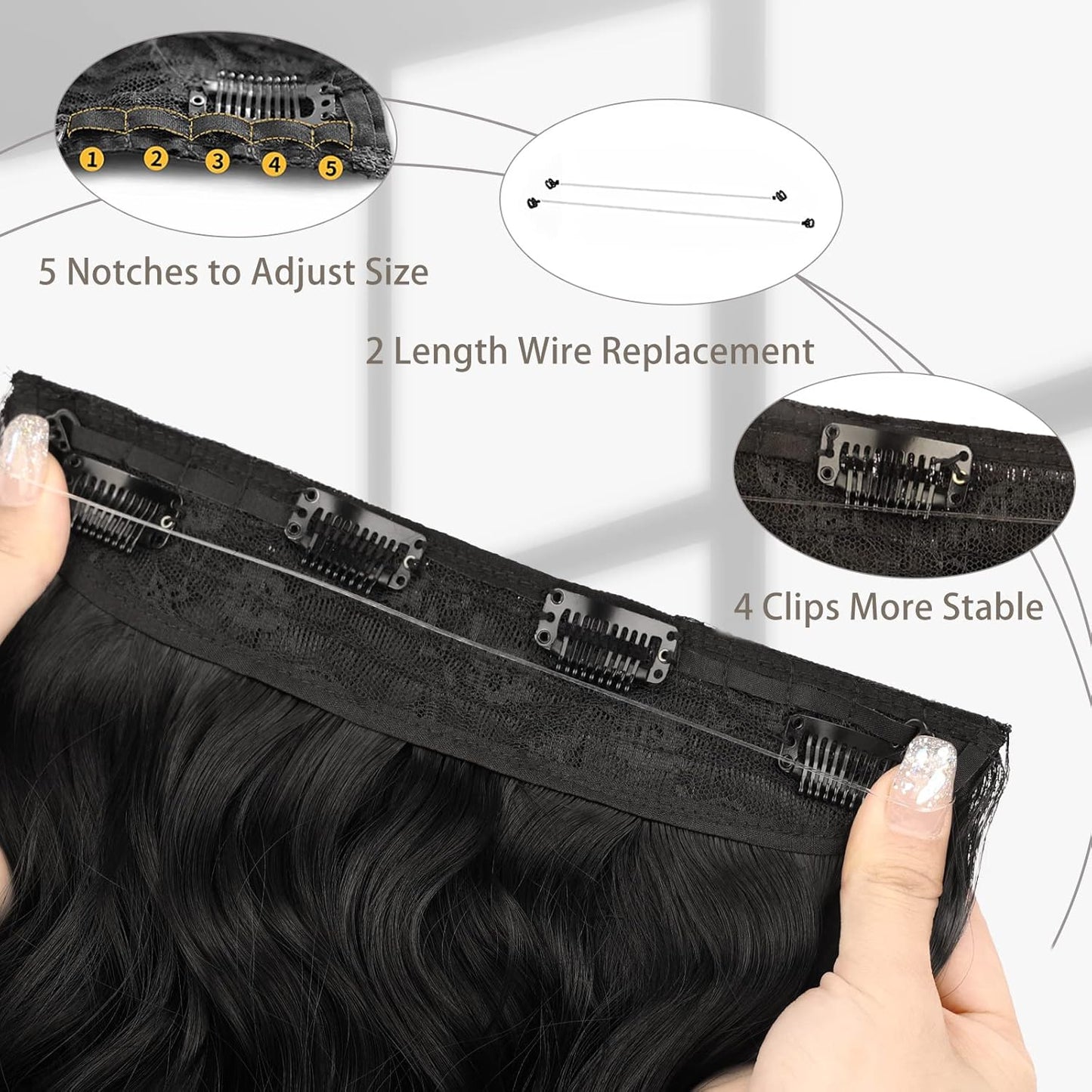 TOUCH WOOD Invisible Wire Hair Extensions - 20 Inch Natural Black Long Wavy Synthetic Hairpiece with Transparent Wire Adjustable Size, 4 Secure Clips for Women