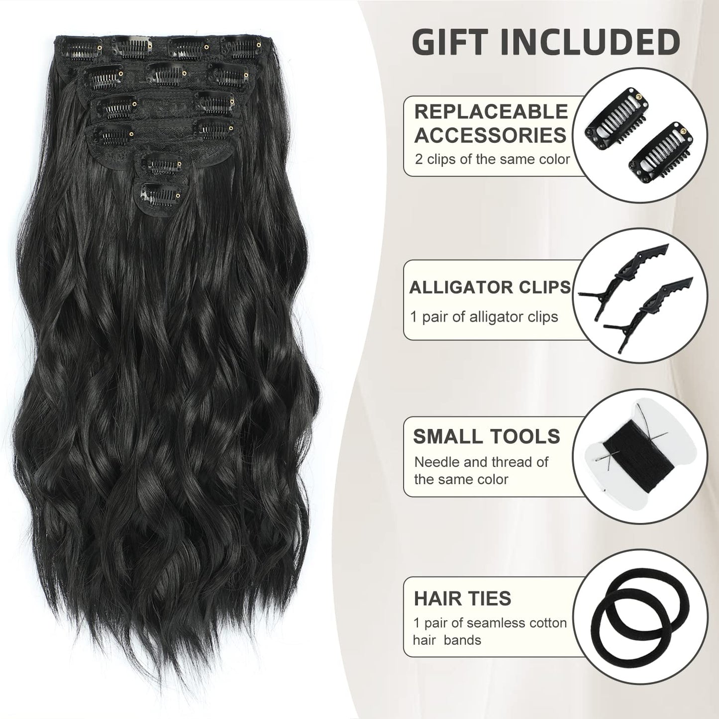 TOUCH WOOD Clip in Black Hair Extensions for Women, Thick Double Weft Wavy Soft Hair & Blends Well Long Hairpieces(20inch, 6pcs, Natural Black)