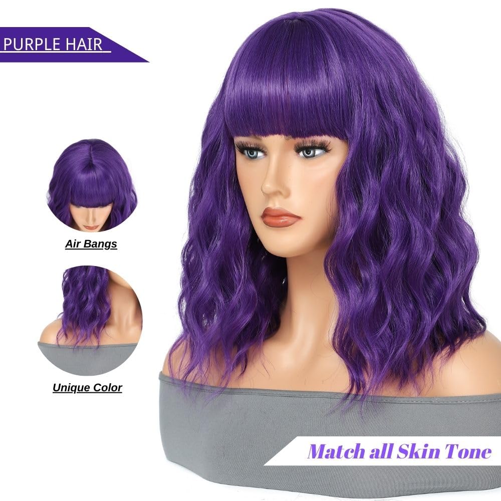 TOUCH WOOD Purple Wig Short Bob Wavy Wig with Bangs for Women Natural Look Loose Curly Shoulder Length Wig Synthetic Cosplay Wig for Girl Daily Use Colorful Cosplay Wigs 14 Inch