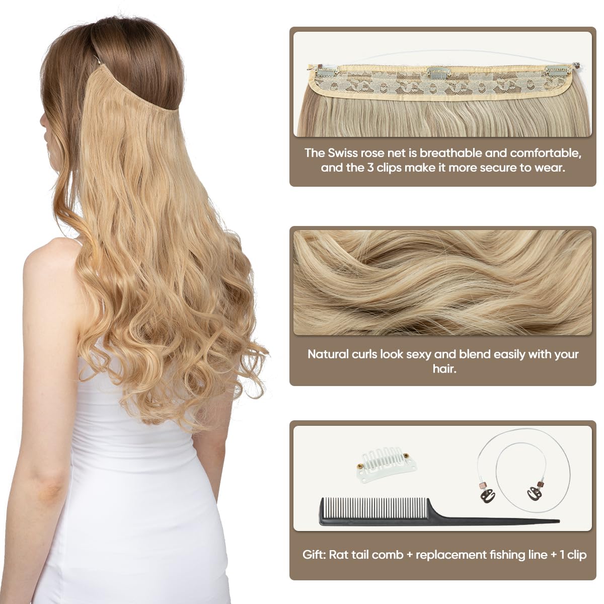 BLONDE UNICORN Invisible Wire Hair Extensions with 3 Clips Long Synthetic Wavy Curly Hairpiece Adjustable Transparent Headband for Women 18 Inch Ash Medium Brown/Ash Blonde Highlights