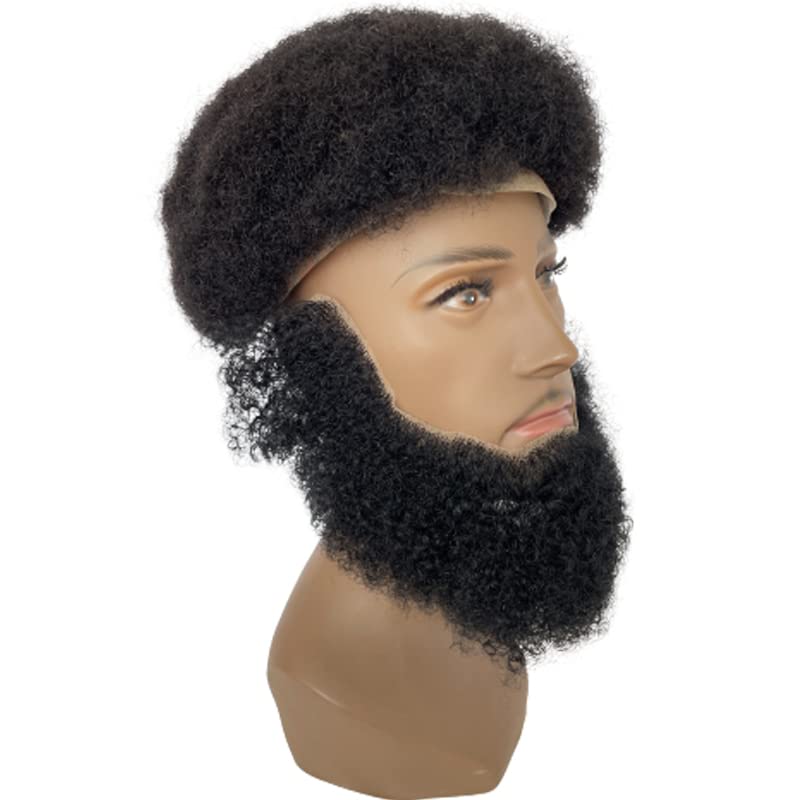 HAIRCUBE Human Hair Afro Curl Face Beard Mustache for American Black Men Realistic Makeup Lace Base Replace System 12 * 3Inch (1B Black Color)