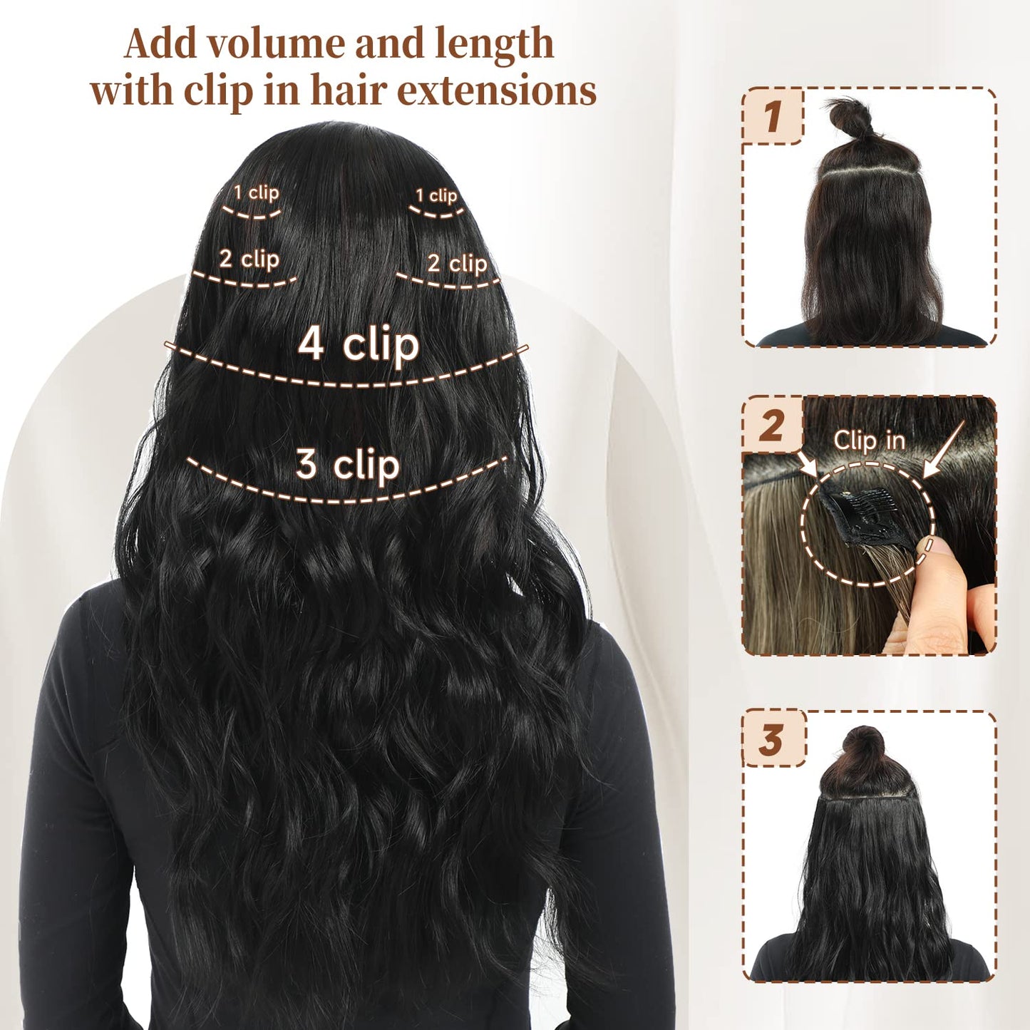 TOUCH WOOD Clip in Black Hair Extensions for Women, Thick Double Weft Wavy Soft Hair & Blends Well Long Hairpieces(20inch, 6pcs, Natural Black)