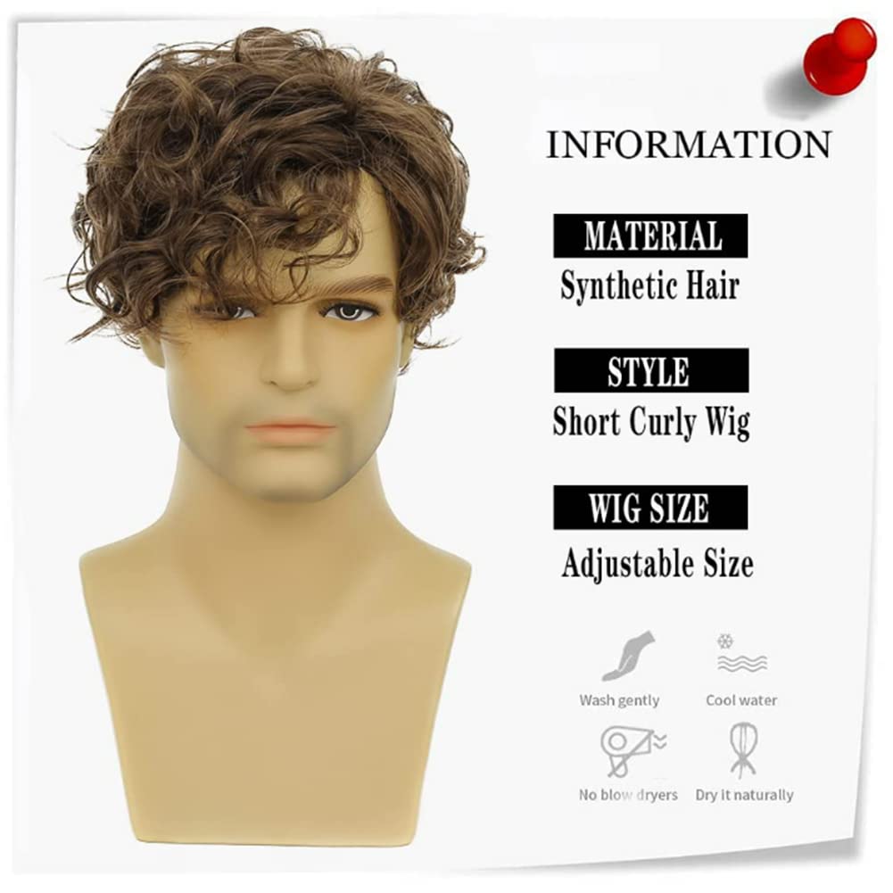 BLONDE UNICORN Short Brown Wigs for Men Curly Layered Natural Looking Side Part Hair Heat Resistant Synthetic Wigs with Wig Cap (Brown)