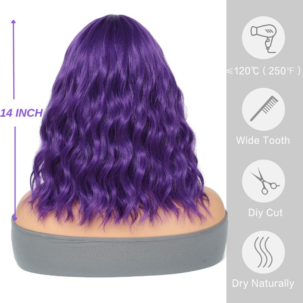 TOUCH WOOD Purple Wig Short Bob Wavy Wig with Bangs for Women Natural Look Loose Curly Shoulder Length Wig Synthetic Cosplay Wig for Girl Daily Use Colorful Cosplay Wigs 14 Inch