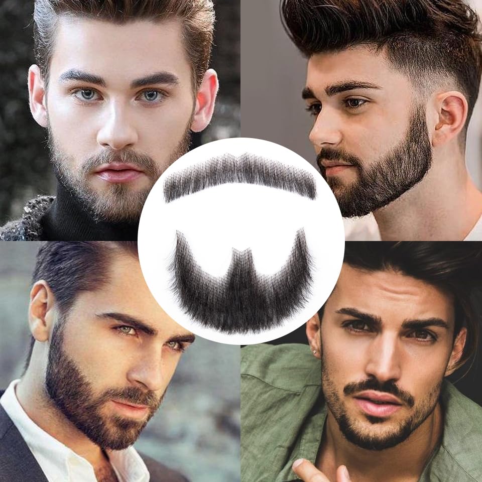 TOUCH WOOD Fake Beard 100% Human Hair Fake Mustache Realistic Beard Fake Facial Hair Lace Invisible Goatee Beards for Entertainment Drama Party Movie Makeup (black)