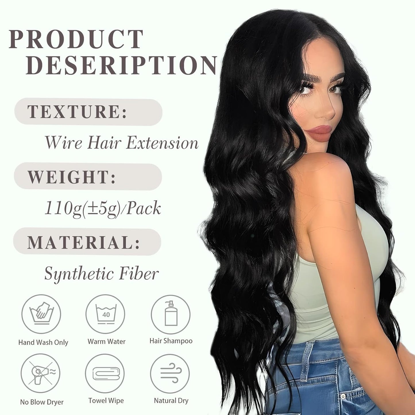 TOUCH WOOD Invisible Wire Hair Extensions - 20 Inch Natural Black Long Wavy Synthetic Hairpiece with Transparent Wire Adjustable Size, 4 Secure Clips for Women