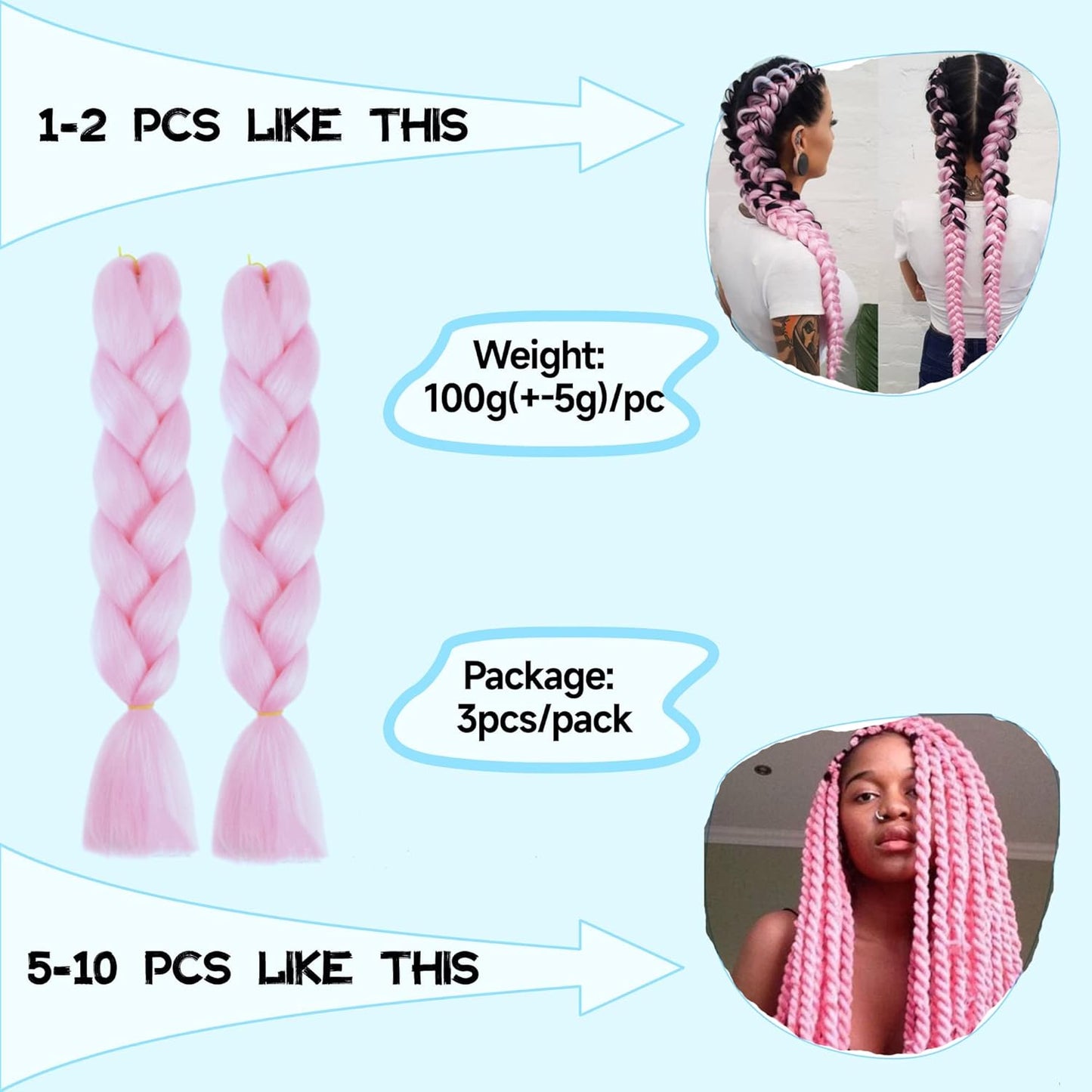 BLONDE UNICORN  HAIR Jumbo Braiding Hair For Women and Girls 24 Inch Soft Braid Hair Extensions 3Packs Braiding Hair High Temperature Synthetic Fiber (pink)