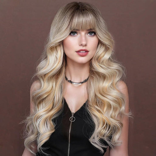 BYEBYE KNOT Ombre Blonde Wig With Bangs Long Wavy Curly Blonde Wig with Dark Roots Heat Resistant Synthetic Wigs for Women Daily Use 26 Inches