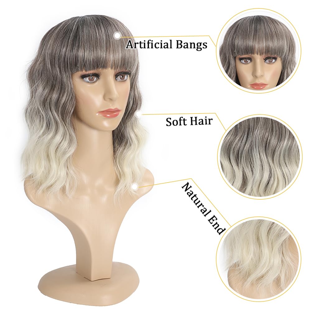 BYEBYE KNOT Short Curly Wigs with Bangs for Women 14 Inches Wavy Bob Wig Synthetic Heat Resistant Fiber Wigs (RT6/10/613#)