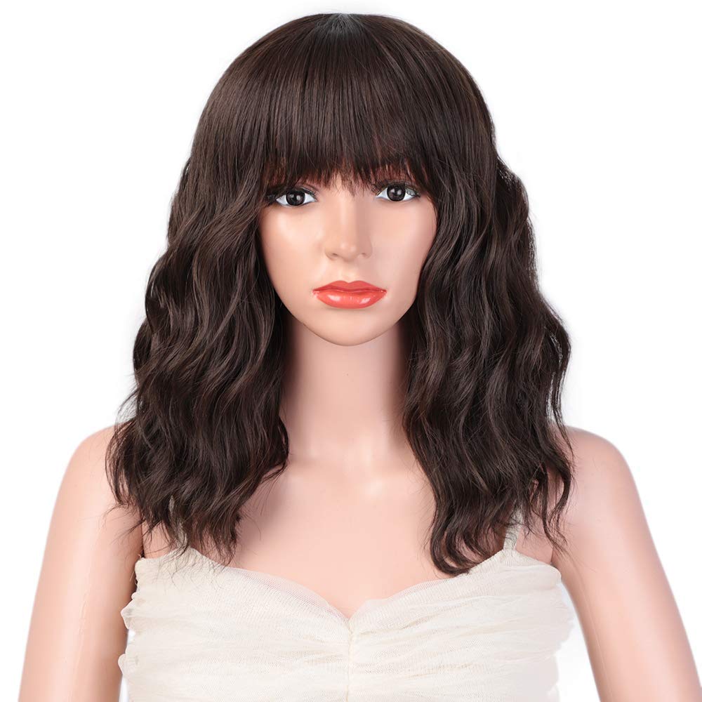 BYEBYE KNOT Short Curly Wig with Bangs for Women 14 Inches Dark Brown Wavy Bob Wig Synthetic Heat Resistant Fiber Wigs (Dark Brown)