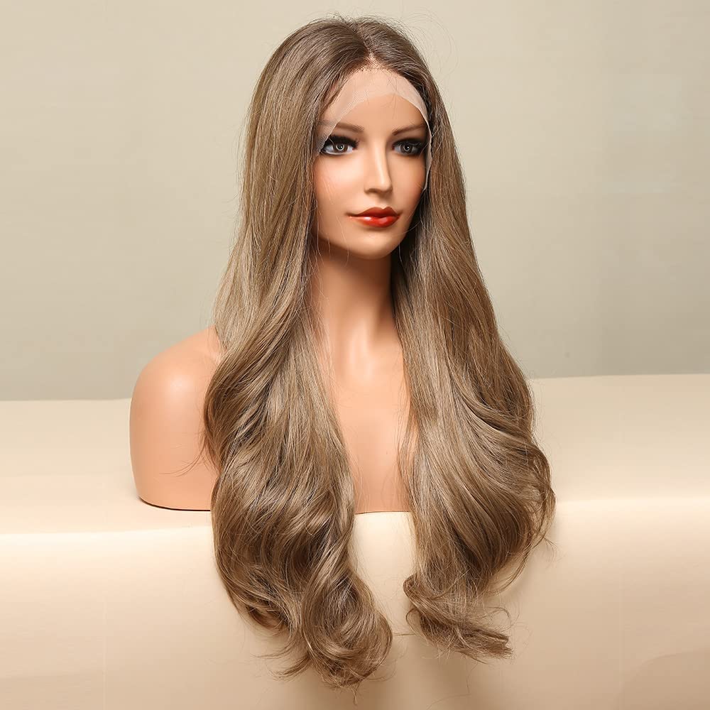 KNOT-FREE Long Ash Blonde Lace Front Wig for Women, 25 Inch Natural Wavy Daily Hair Synthetic Lace Wigs Middle Part,Hand Tied/Longlife/Lightweight