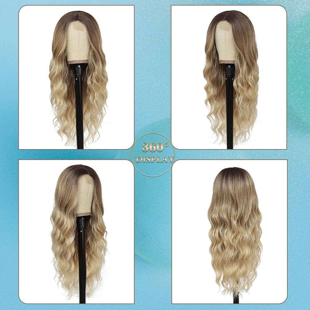 TOUCH WOOD Long Ombre Blonde Wigs for Women 26 inch Long Wavy Middle Part Wig Ombre Blonde Wigs Upgraded Protein Fiber Hair Replacement Wig Cosplay Costume Halloween Wig(26'' Brown Ombre Blonde)