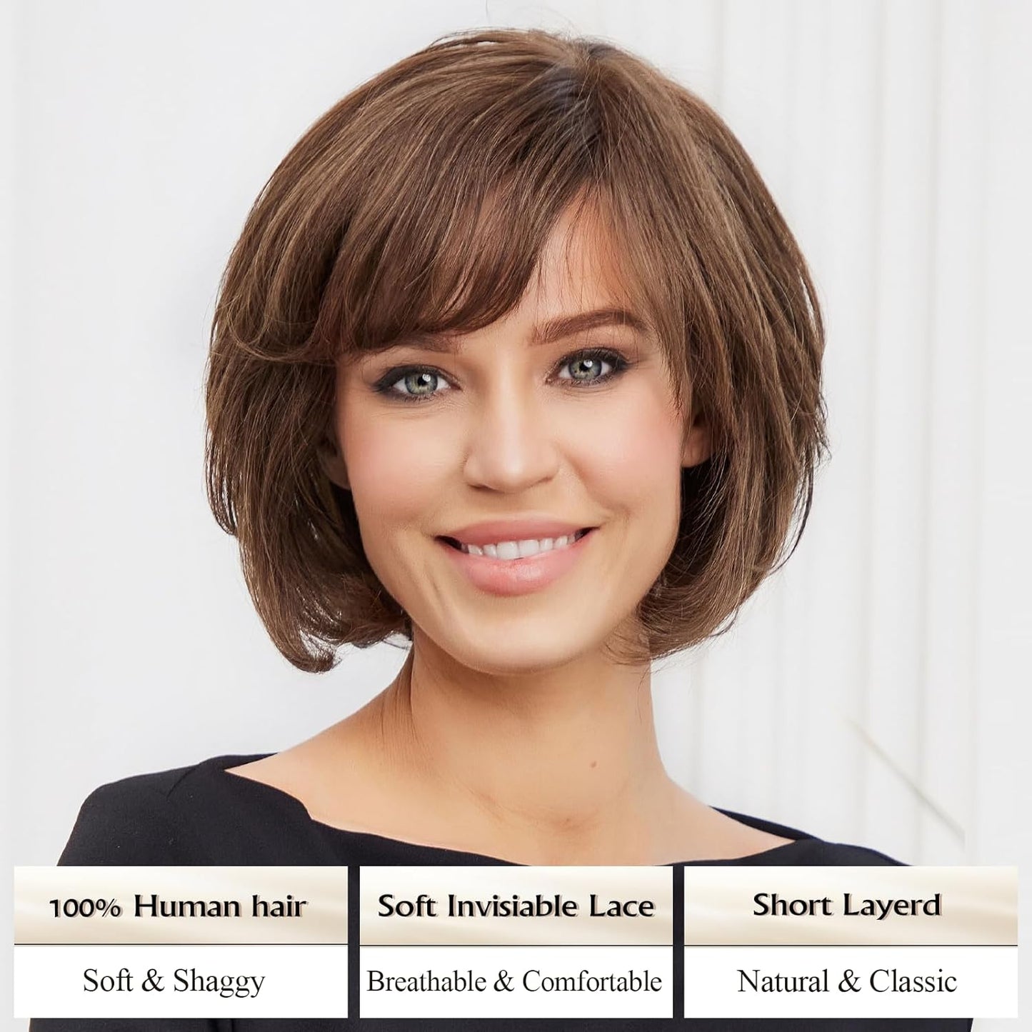 LONG LASTING Hand-Tied Lace Front Wig for White Women Human Hair wigs 12 Inch Short Natural Layered Wavy Style (Dark Brown)