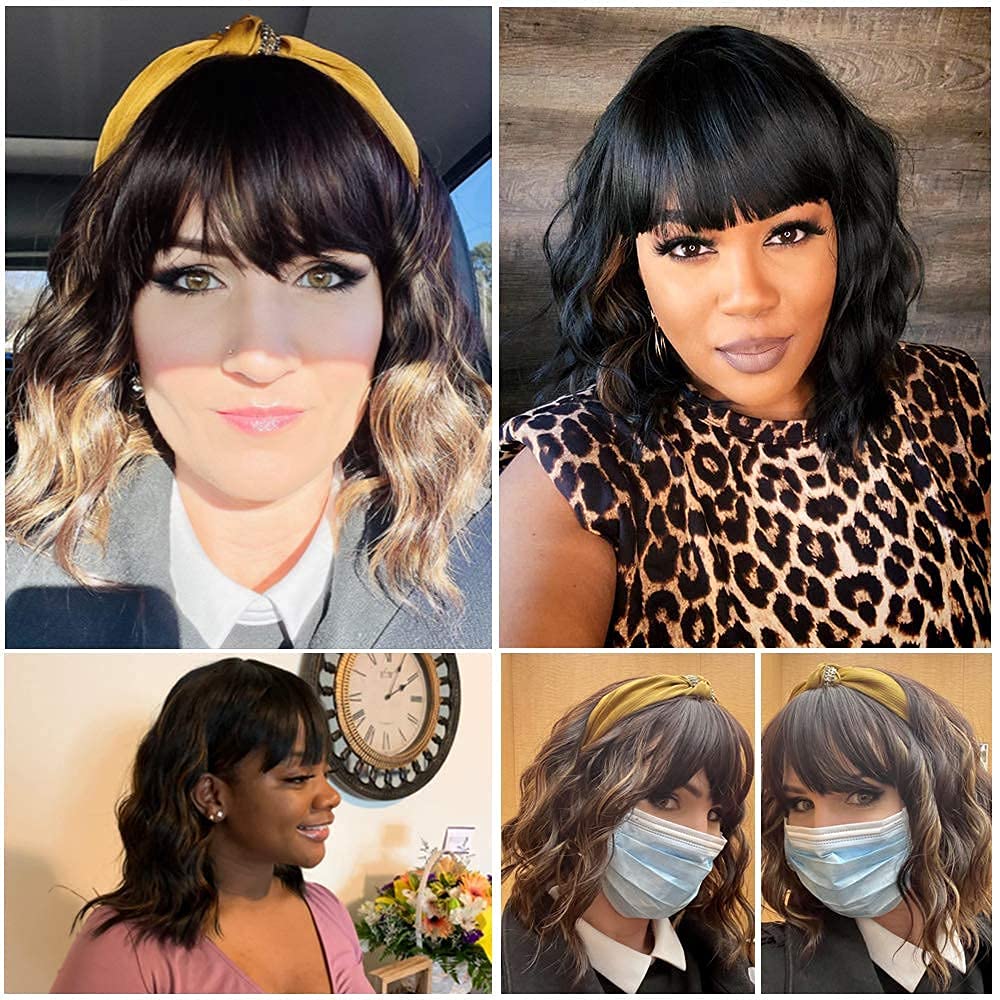 HIGH VERTEX Black Mixed Brown Wig for Black Women 14 Inch Short Wavy Hair Wigs Curly Bob Wig with Bangs Wigs Shoulder Length Wigs for Black Women Bob Style Synthetic Heat Resistant Bob Wigs