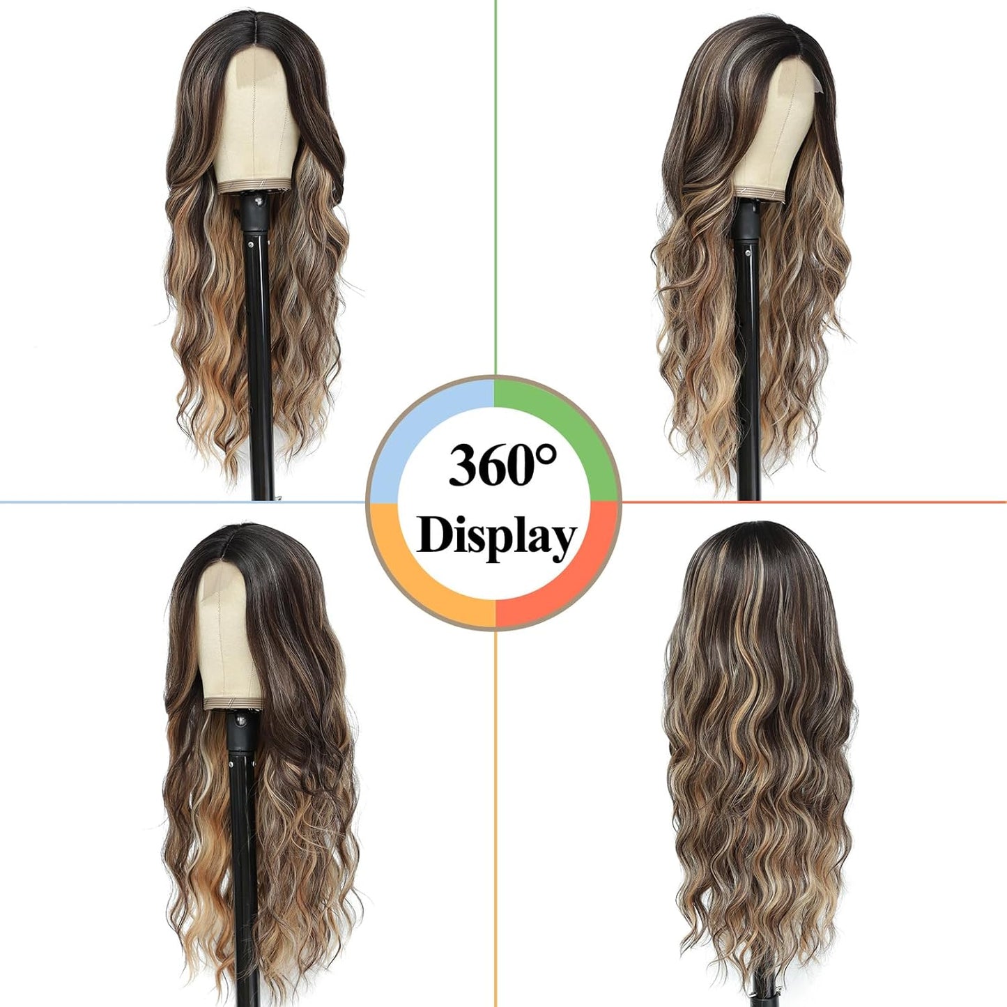 MONOTOP HAIR  Long wavy Wigs for Women Middle Part Wavy Curly Wig with Dark Roots Synthetic Heat Resistant Fiber Women Wigs for Daily Party Use (Brown with Blonde)