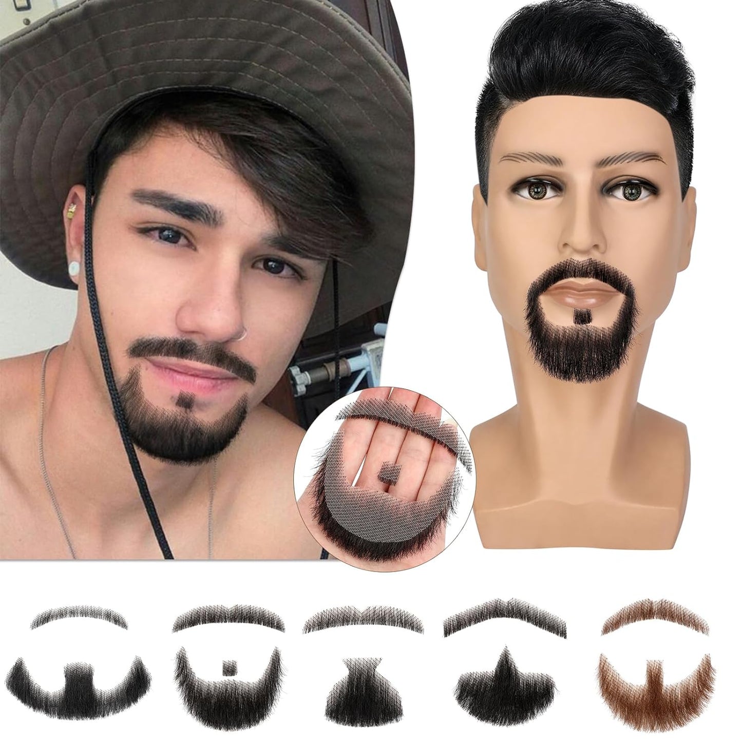 HIGH VERTEX 100% Human Hair Full Hand Tied Lace Fake Mustache Goatee Human Hair Fake Beard Realistic Makeup for Drama/Party/Entertainment/Movie Prop for Halloween Funny Cosplay Costume Party