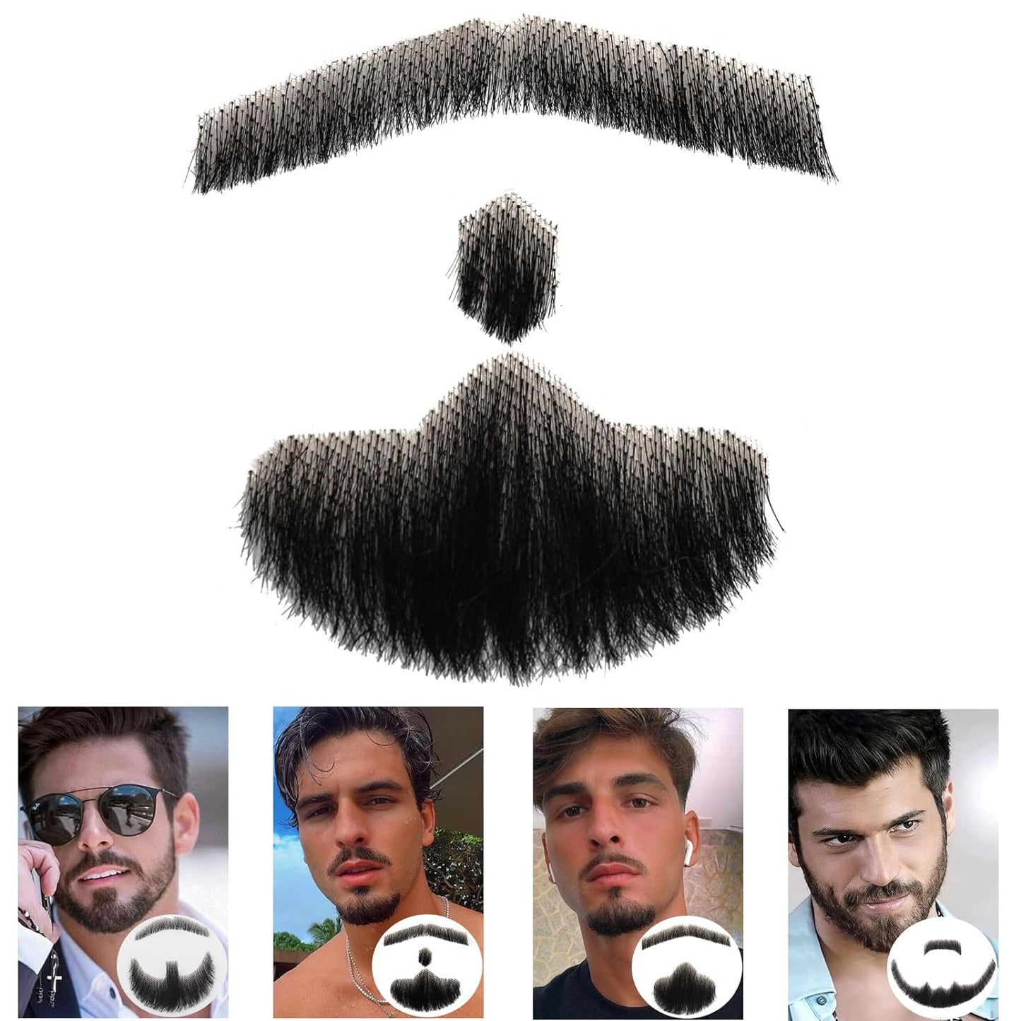 MONOTOP HAIR  Full Hand Black Human Hair Tied Messy Realistic Fake Mustache Fake Beard Fake Goatee Costume Fake Facial Hair for Halloween Funny Cosplay(messy BLACK)