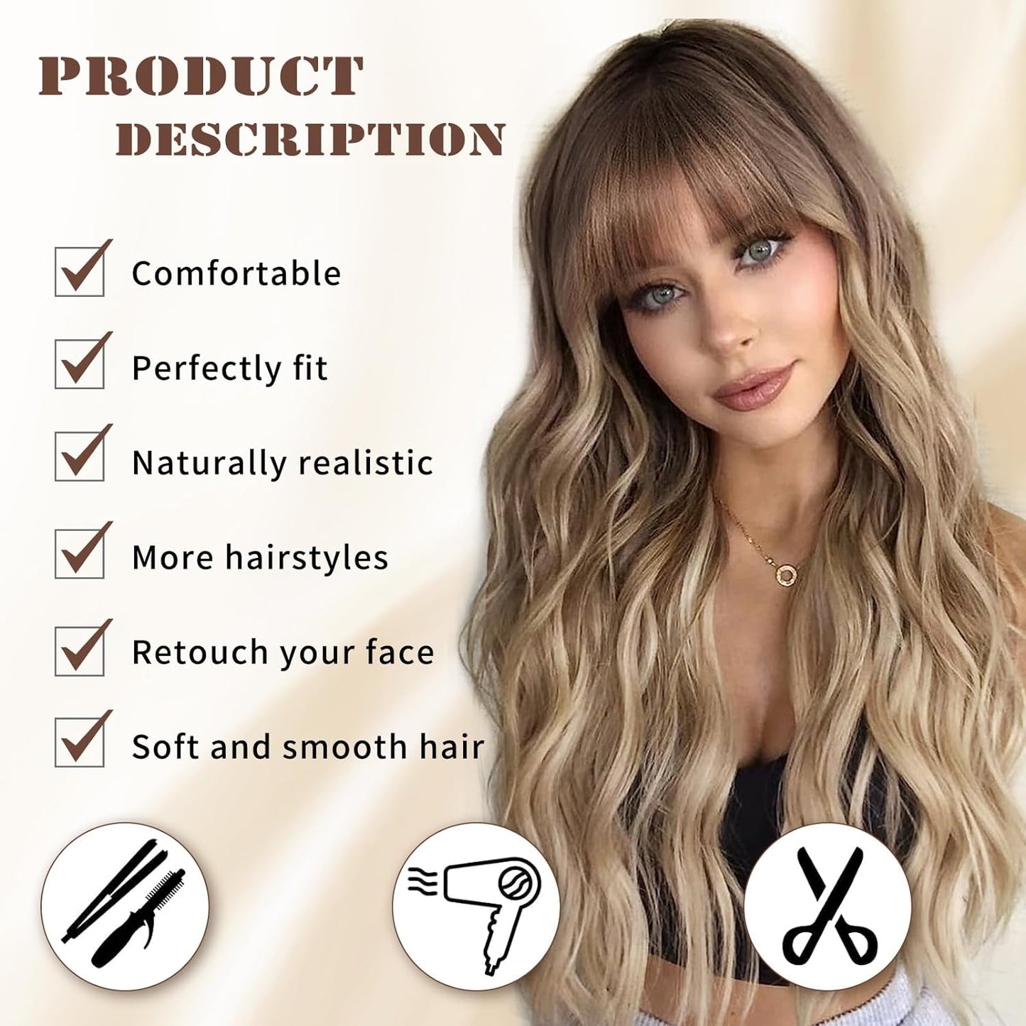 KNOT FREE  Blonde Wig With Bangs Long Wavy Curly Ombre Wig with Dark Root Synthetic Heat Resistant Wigs for Women Daily Party Use 26 Inches