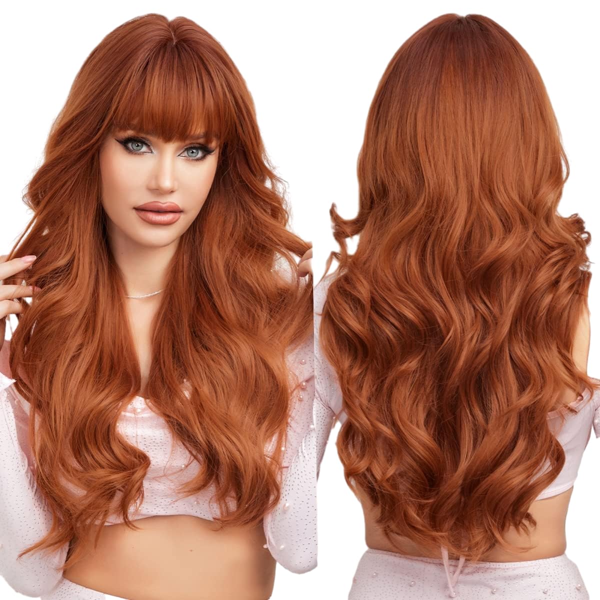 MONOTOP HAIR Long Curly Ginger Orange Wigs with Bangs for Women, Heat Resistant Synthetic Wavy Wigs for Daily/Party/Cosplay