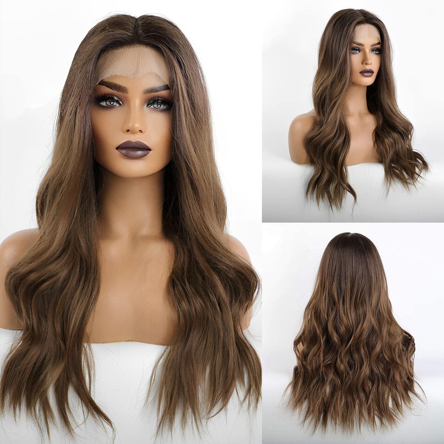 KNOT-FREE Long Brown Lace Front Wig for Women, 25 Inch Natural Hair Wavy Synthetic Wigs Middle Part Daily Hair Hand Tied/Longlife/Lightweight