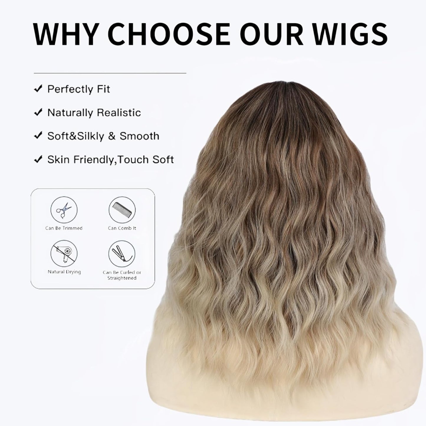 CURTAIN BANG Short Ombre Blonde Wigs for Women 14 Inch Wavy Lace Hairline Middle Part Wig Shoulder Length Synthetic Fiber Wig for Daily Party Use